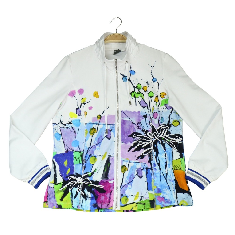 Simply Art by Dolcezza Abstract Floral Full Zip Jacket M White Colorful Active